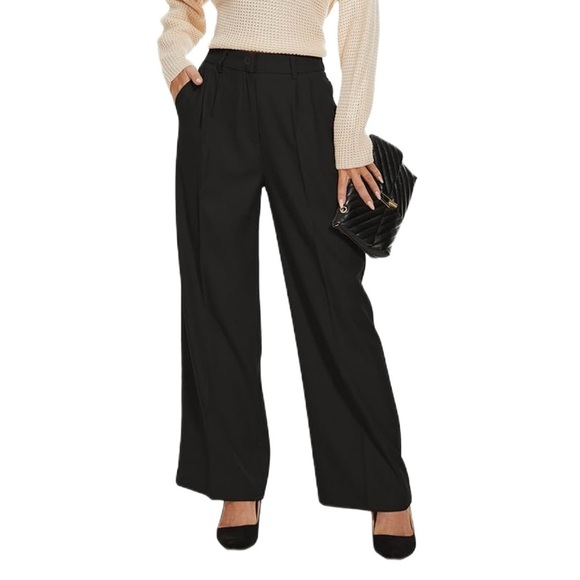 NWT WOMEN’S WIDE LEG VINTAGE HIGH WAIST WORK PANTS SIZE L REG 10-12) BLACK - Picture 6 of 6